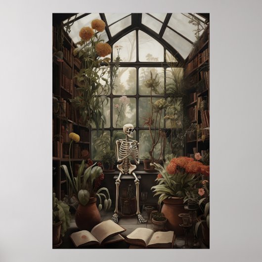 植物の廃れた図書館のプリントにいる骸骨 ポスター (正面)