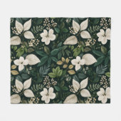 植物の森の葉 白い花柄 フリースブランケット (正面(横))
