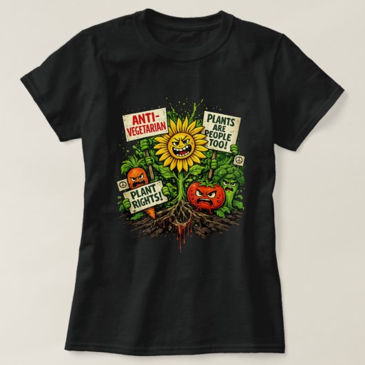 植物の権利抗議 - 怒れる野菜革命 Tシャツ (デザイン正面)