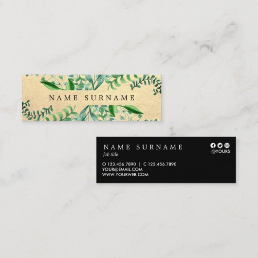 植物の水彩画のシックな金ゴールドの小型名刺 スキニー名刺 (正面/裏面)