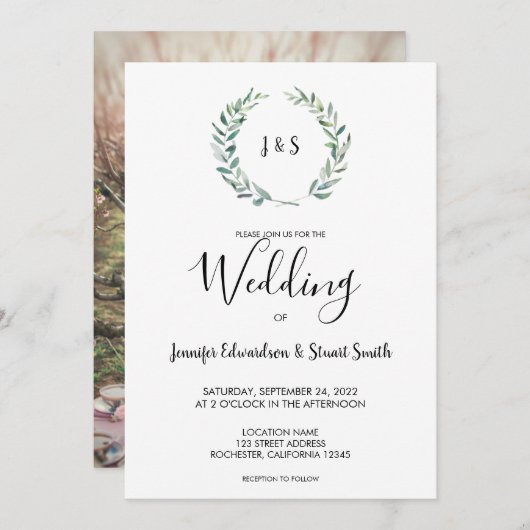 植物の水彩画の葉のモノグラム写真　ウェディング 招待状 (正面/裏面)