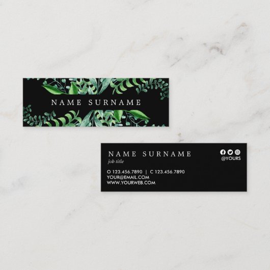 植物の水彩画の黒の小型名刺 スキニー名刺 (正面/裏面)