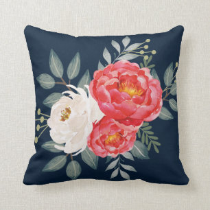植物の海軍、赤及びアイボリーの花柄 クッション