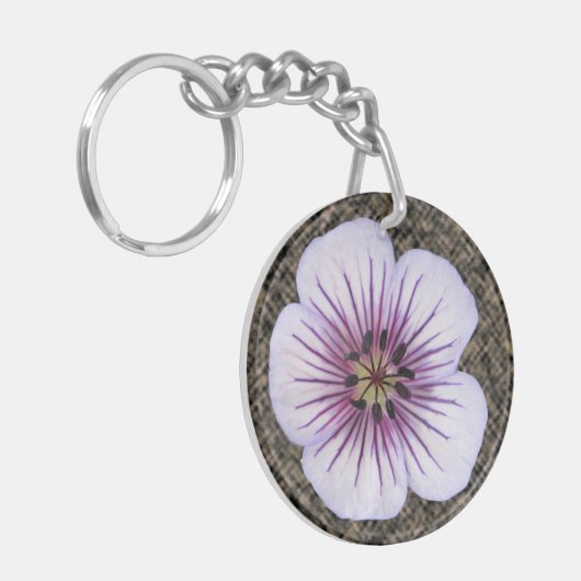 植物の淡いブルーのゼラニウムの花 キーホルダー (正面左)
