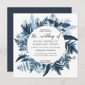 植物の濃紺のシダの群葉の水彩画のリース 招待状 (正面/裏面)