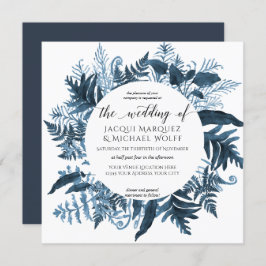 植物の濃紺のシダの群葉の水彩画のリース 招待状