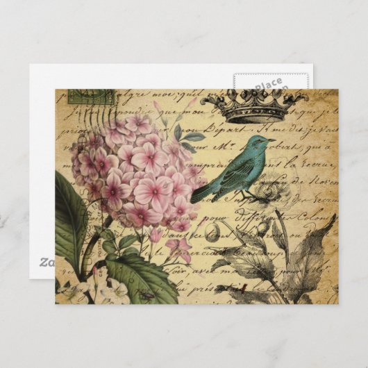 植物の王冠の原稿のアジサイの鳥のフランス語 ポストカード (正面/裏面)
