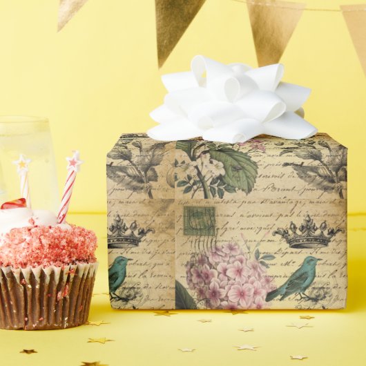 植物の王冠の原稿のアジサイの鳥のフランス語 ラッピングペーパー (誕生日パーティー)