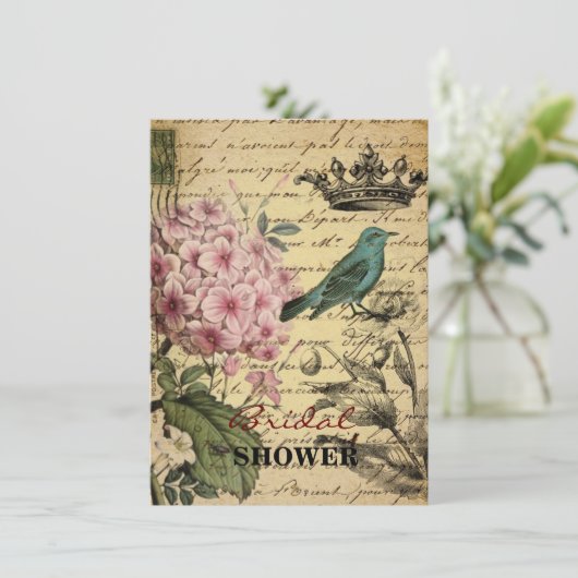 植物の王冠の原稿のアジサイの鳥のフランス語 招待状 (スタンド正面)