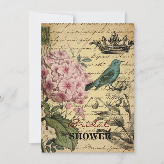 植物の王冠の原稿のアジサイの鳥のフランス語 招待状 (正面)