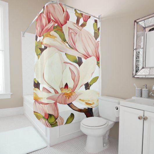 植物の珊瑚のピンクのマグノリアによっては花の芸術が開花します シャワーカーテン (インサイチュ)