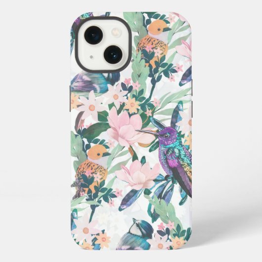 植物の白い庭の花と鳥 iPhoneケース (裏面)