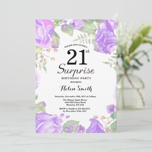 植物の紫のフローラサプライズ21歳の誕生日 招待状 (スタンド正面)