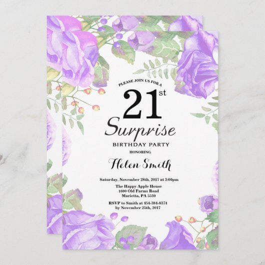 植物の紫のフローラサプライズ21歳の誕生日 招待状 (正面/裏面)