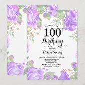 植物の紫色の花柄の100th誕生日の招待状 招待状 (正面/裏面)