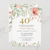 植物の絵画及び金ゴールドのグリッターの第40誕生日 インビテーションポストカード (正面/裏面)