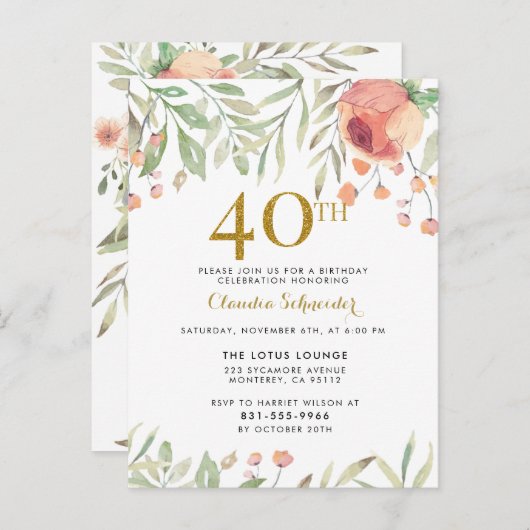 植物の絵画及び金ゴールドのグリッターの第40誕生日 インビテーションポストカード (正面/裏面)