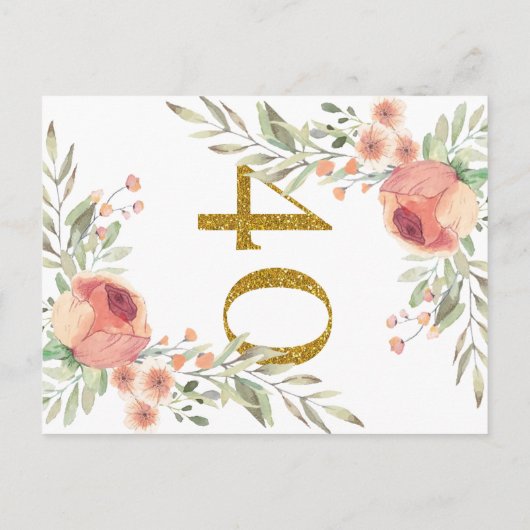 植物の絵画及び金ゴールドのグリッターの第40誕生日 インビテーションポストカード (裏面)