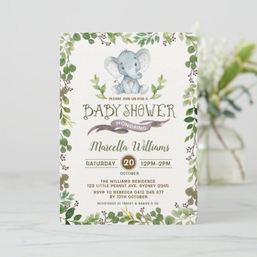 植物の緑の草木象のベビーシャワーの招待状 招待状 (スタンド正面)