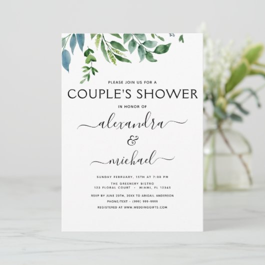 植物の緑の葉のカップルのシャワー 招待状 (スタンド正面)