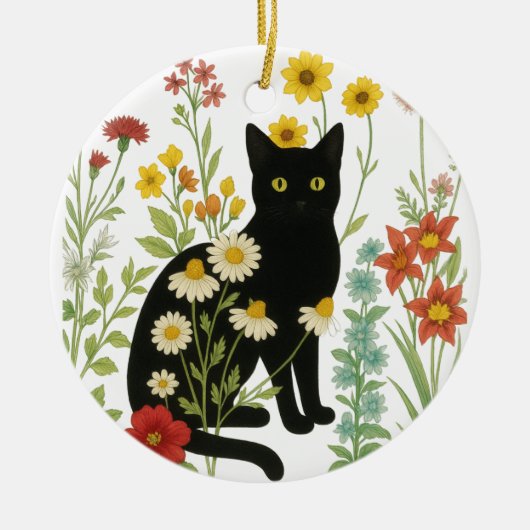 植物の自然 - 野花の庭の黒猫 セラミックオーナメント (正面)