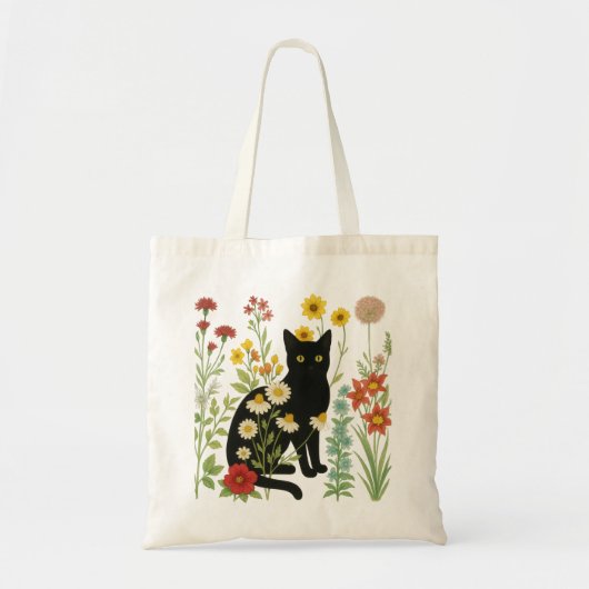 植物の自然 - 野花の庭の黒猫 トートバッグ (正面)