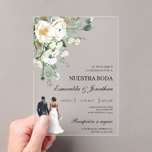 植物の花で飾られた花嫁花婿のスペイン式結婚式 アクリル招待状 (インサイチュ (ポータブル))