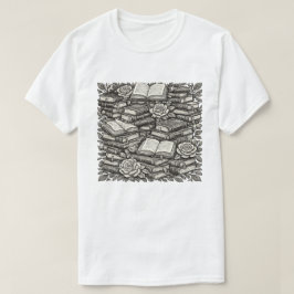 植物の花と本のモチーフ 古典的な本の山 Tシャツ
