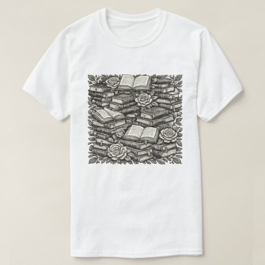 植物の花と本のモチーフ 古典的な本の山 Tシャツ (デザイン正面)