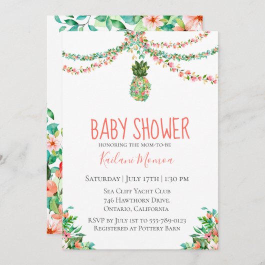 植物の花のパイナップルベビーシャワー 招待状 (正面/裏面)