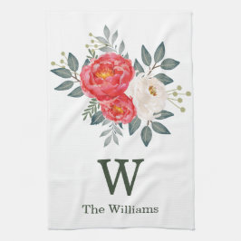 植物の花のモノグラム/赤い及び白い花 キッチンタオル