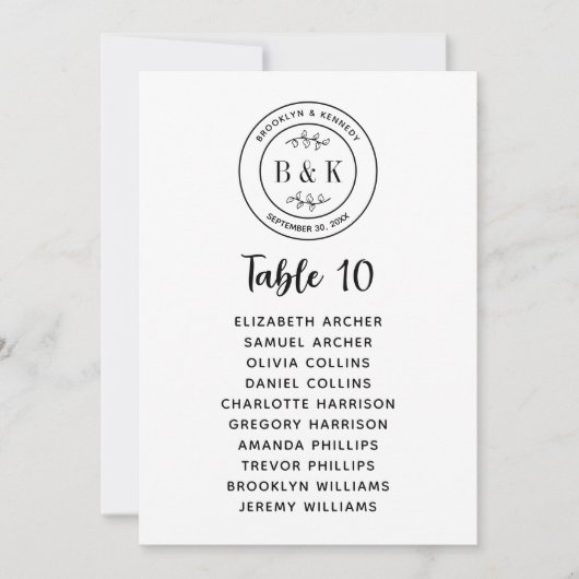 植物の花の楽しいモノグラム結婚式の座席表 招待状 (正面)