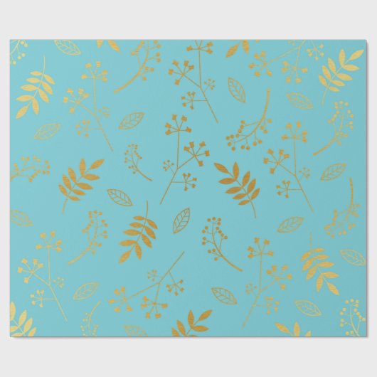 植物の花柄の葉のフェイクな金ゴールドホイルのスカイブルー ラッピングペーパー (フラット)