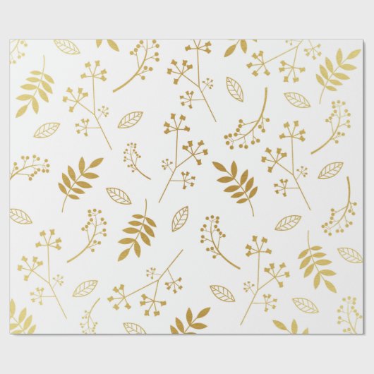 植物の花柄の葉のフェイクな金ゴールドホイルの白 ラッピングペーパー (フラット)