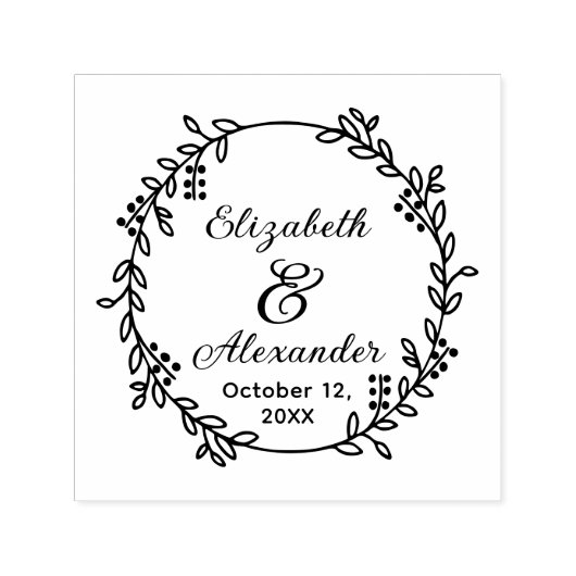 植物の花輪のウェディング - 花嫁と花婿の名前と日付のSC セルフインキングスタンプ (デザイン)