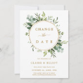 植物の花輪 ゴールド 結婚式 日程変更のお知らせ 招待状 (正面)