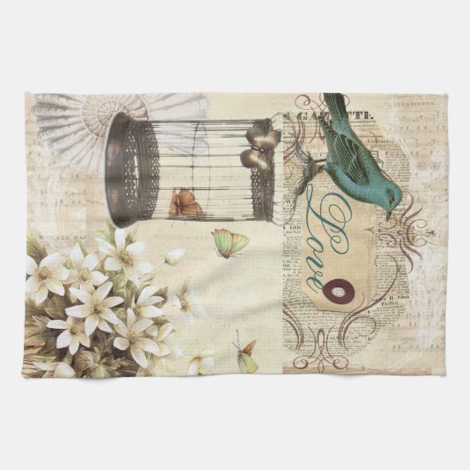 植物の芸術の鳥かごのモダンなヴィンテージのフランス人の鳥 キッチンタオル (横)