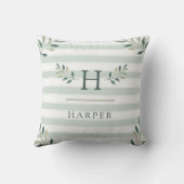 植物の葉およびセージグリーンのストライプ|のモノグラム クッション (裏面)