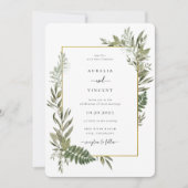 植物の葉のフレーム オリーブグリーンの結婚式招待状 招待状 (正面)