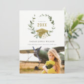 植物の葉のリース写真金ゴールド卒業 案内状 (スタンド正面)