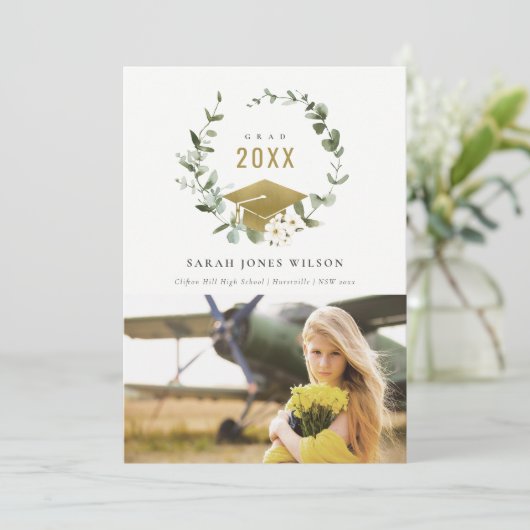 植物の葉のリース写真金ゴールド卒業 案内状 (スタンド正面)