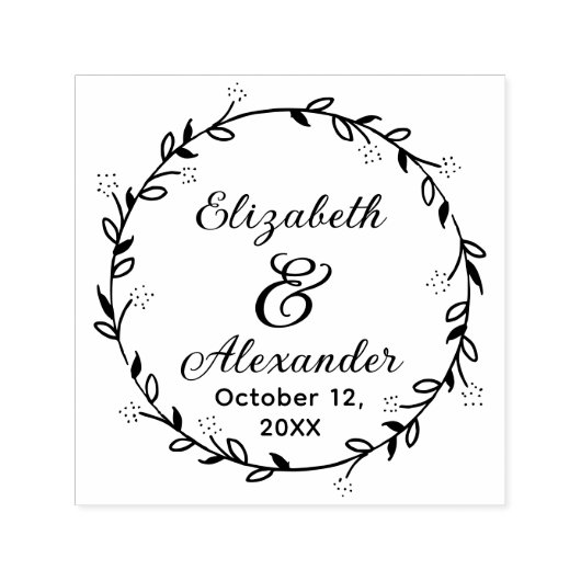 植物の葉のリース#14カップル名日付スクリプト セルフインキングスタンプ (デザイン)