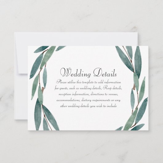植物の葉の花輪 結婚式の披露宴の詳細 招待状 (正面)