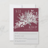 植物の葉ブルゴーニュのモノグラム結婚式RSVP 出欠カード (正面)