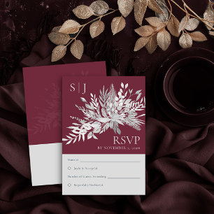 植物の葉ブルゴーニュのモノグラム結婚式RSVP 出欠カード