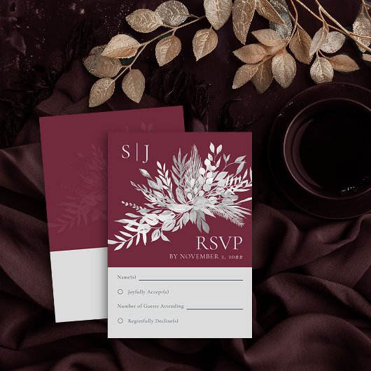 植物の葉ブルゴーニュのモノグラム結婚式RSVP 出欠カード