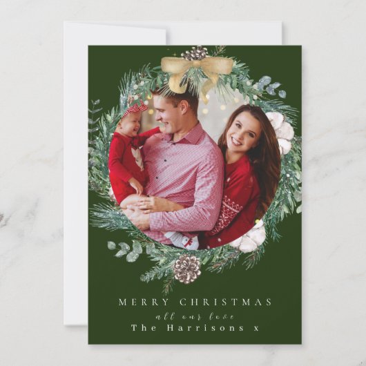 植物の葉リース1フォトメリークリスマス シーズンカード (正面)