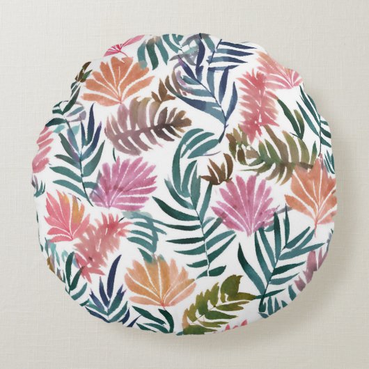 植物の葉 水彩画 | 花柄のカラフルな葉 ラウンドクッション (正面)