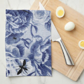 植物の藍色のヴィンテージ及び虫の花柄Toile キッチンタオル (四つ折り)