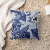 植物の藍色のヴィンテージ及び虫の花柄Toile クッション (ブランケット)